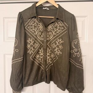 Hem & Thread Olive Button Down Shirt with Cream Embroidery